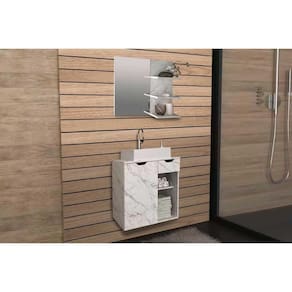 Conjunto de Banheiro Armário c/ Espelho BN3608 e Balcão Suspenso BN3605 c/ Cuba Pia BN3600 60cm cor Mármore Branco - Tecno Mobili