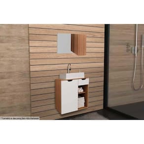 Conjunto de Banheiro Armário c/ Espelho BN3602 80cm e Balcão Suspenso BN3605 60cm c/ Cuba Pia BN3600 cor Amêndoa/Branco - Tecno Mobili