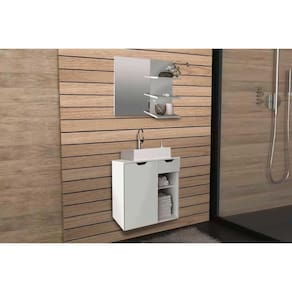 Conjunto de Banheiro Armário c/ Espelho BN3608 e Balcão Suspenso BN3605 c/ Cuba Pia BN3600 60cm cor Branco - Tecno Mobili