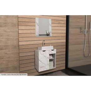 Conjunto de Banheiro Armário c/ Espelho BN3610 e Balcão Suspenso BN3605 s/ Cuba Pia 60cm cor Mármore Branco - Tecno Mobili
