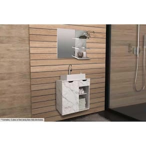 Conjunto de Banheiro Armário c/ Espelho BN3608 e Balcão Suspenso BN3605 s/ Cuba Pia 60cm cor Mármore Branco - Tecno Mobili