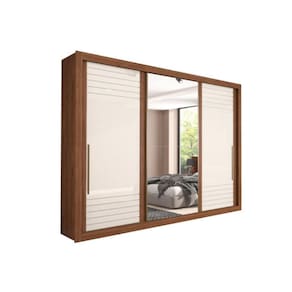 Guarda Roupa Casal 3 Portas de Correr e 6 Gavetas c/ Espelho Vitória Avelã/Off White - Panan