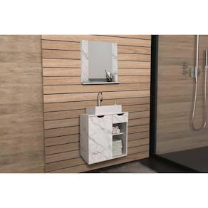 Conjunto de Banheiro Armário c/ Espelho BN3610 e Balcão Suspenso BN3605 c/ Cuba Pia BN3600 60cm cor Mármore Branco - Tecno Mobili