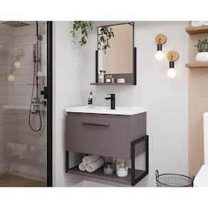 Balcão p/ Banheiro Suspenso Metalo/Ipanema 1Pta Basculante +Espelheira OriI +Bancada Pia 60cm cor Titanium - MGM