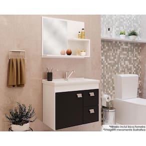 Balcão p/ Banheiro Suspenso Hortência Isa 1Pta e 2Gavs +Armário Espelheira +Bancada Pia 55cm cor Branco/Preto - MGM