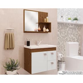 Balcão p/ Banheiro Suspenso Hortência Isa 1Pta e 2Gavs +Armário Espelheira +Bancada Pia 55cm cor Amendoa/Branco - MGM