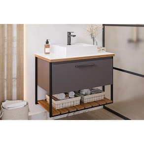 Bancada de Banheiro Suspenso Vitta/Caribe 1Pta Basculante c/Cuba e Tampo Vidro 80 cm cor Titanium - MGM