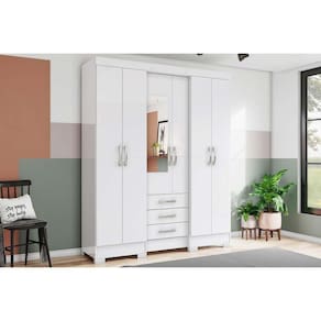 Guarda Roupa Solteiro 6 Portas e 3 Gavetas c/ Espelho e Pés Briz B23 Branco - Henn