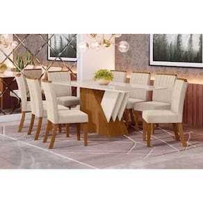Sala de Jantar Completa Epic Tampo Madeirado c/ Vidro 200x90cm e 8 Cadeiras Tauá Nature/Veludo Light Linho - Henn