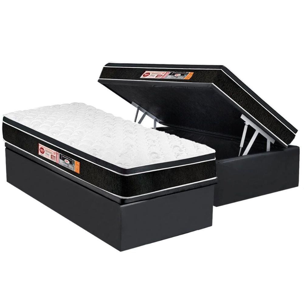 Conjunto Box Baú Solteiro: Colchão Espuma Castor D33 Black e White Air Euro Pillow + Base CRC Suede Gray(88x188)
