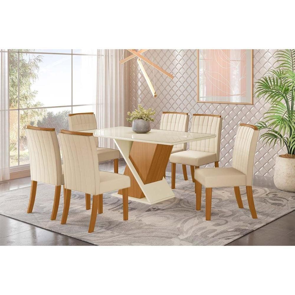 Sala de Jantar Completa Solus Tampo Madeirado c/ Vidro Curvo 160x90cm e 6 Cadeiras Tauá Nature/Veludo Light Linho - Henn