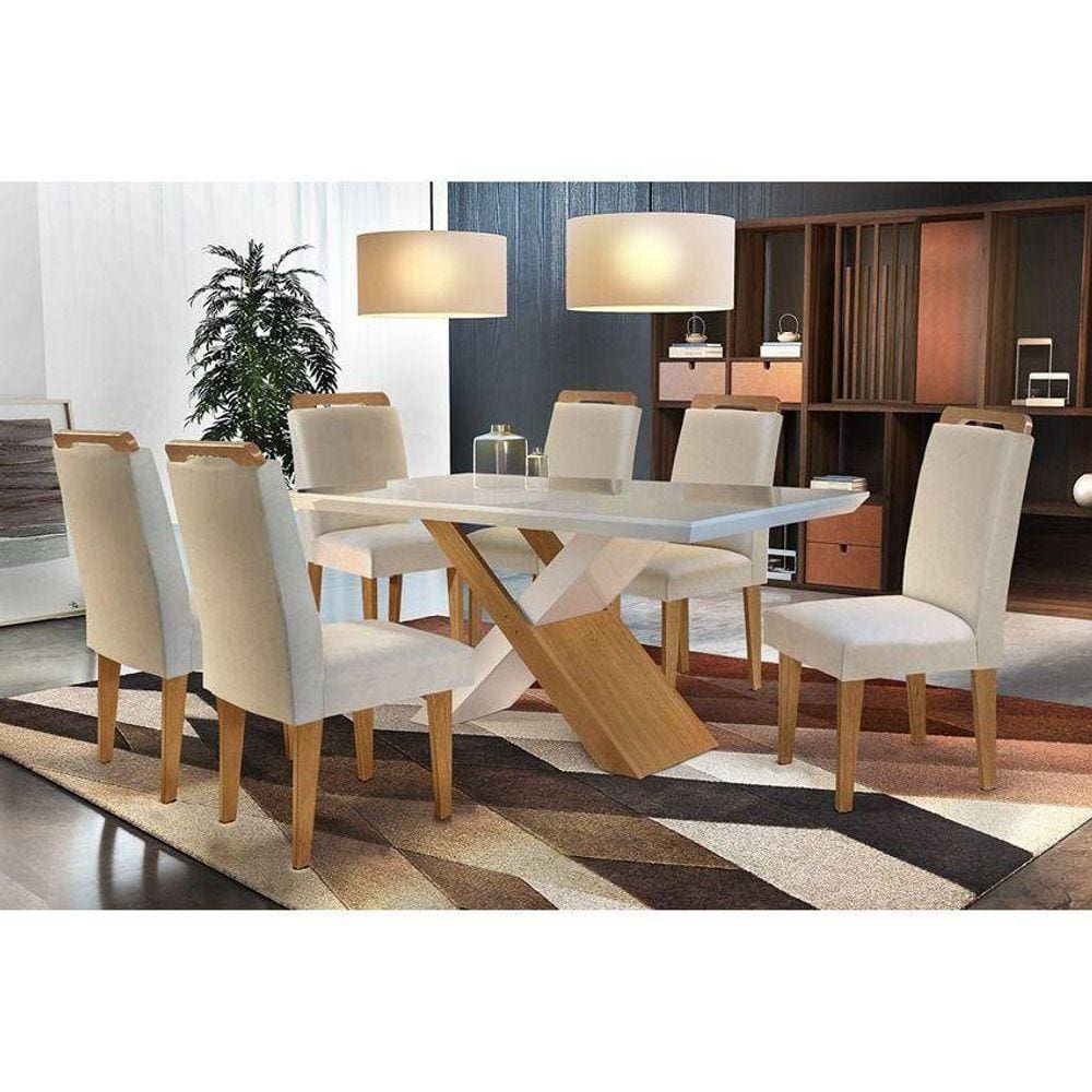 Sala de Jantar Completa Imperatriz c/ Tampo Madeirado Canto Reto 180cm + 6 Cadeiras Athenas Imbuia/Veludo Creme - Rufato