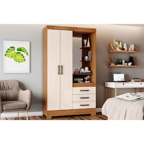 Guarda Roupa Solteiro 2 Portas e 3 Gavetas c/ Espelho e Pés Briz B64 Nature/Off White - Henn