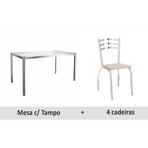 Sala de Jantar Completa Reno c/ Tampo Vidro 150x80cm e 4 Cadeiras Portugal Cromada - Assento Nude 16 - Kappesberg