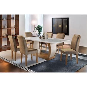 Sala de Jantar Completa Jade c/ Tampo Madeirado c/ Vidro Canto Curvo 180cm + 6 Cadeiras Athenas Imbuia/Chocolate Capuccino - Rufato