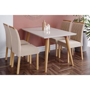 Sala de Jantar Completa Adele c/ Tampo Madeirado 130cm + 4 Cadeiras Juliana Madeira/Suede Nude - Cimol
