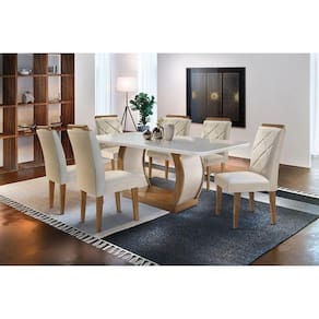Sala de Jantar Completa Jade c/ Tampo Madeirado c/ Vidro Canto Curvo 180cm + 6 Cadeiras Melissa Imbuia/Veludo Creme - Rufato