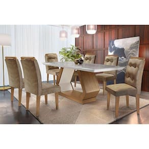 Sala de Jantar Completa Alvorada c/ Tampo Madeirado c/ Vidro Canto Reto 180cm + 6 Cadeiras Imperatriz Imbuia/Chocolate Capuccino - Rufato
