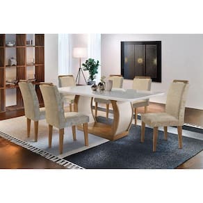Sala de Jantar Completa Jade c/ Tampo Madeirado c/ Vidro Canto Curvo 180cm + 6 Cadeiras Athenas Imbuia/Capuccino Chocolate - Rufato