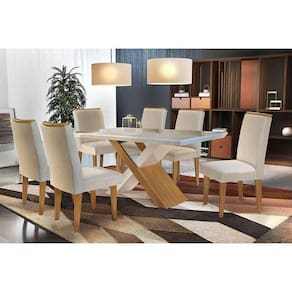 Sala de Jantar Completa Imperatriz c/ Tampo Madeirado Canto Reto 180cm + 6 Cadeiras Lunara Imbuia/Veludo Creme - Rufato