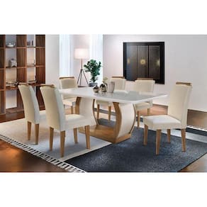 Sala de Jantar Completa Jade c/ Tampo Madeirado c/ Vidro Canto Curvo 180cm + 6 Cadeiras Athenas Imbuia/Veludo Creme - Rufato
