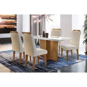 Sala de Jantar Completa Berlim c/ Tampo Madeirado c/ Vidro Canto Reto 120cm + 4 Cadeiras Athenas Imbuia/Veludo Creme - Rufato