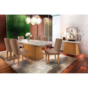 Sala de Jantar Completa Luna c/ Tampo Madeirado c/ Vidro Canto Reto 180cm + 6 Cadeiras Lunara Imbuia/Chocolate Capuccino - Rufato