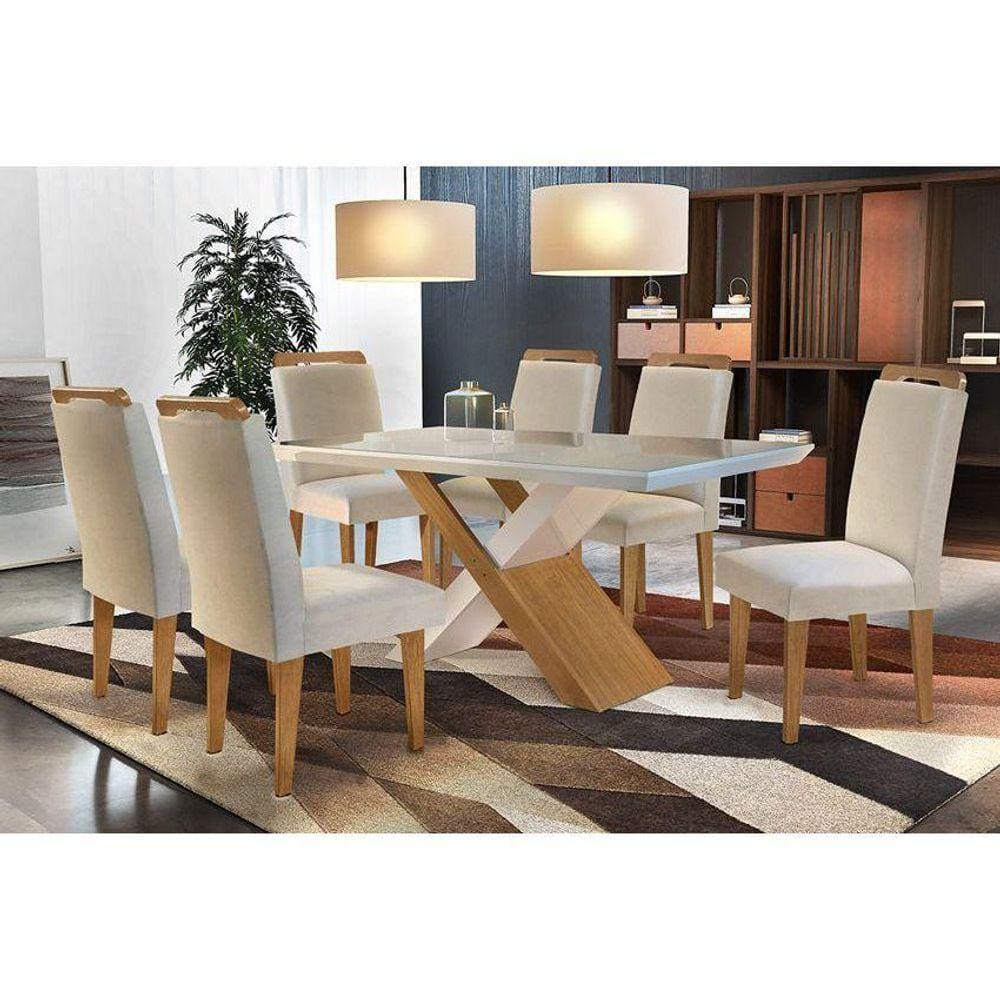 Sala de Jantar Completa Imperatriz c/ Tampo Madeirado c/ Vidro Canto Reto 180cm + 6 Cadeiras Athenas Imbuia/Veludo Creme - Rufato