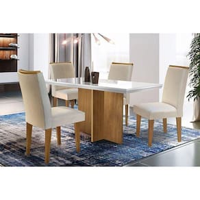 Sala de Jantar Completa Berlim c/ Tampo Madeirado c/ Vidro Canto Reto 120cm Canto Reto + 4 Cadeiras Lunara Imbuia/Veludo Creme - Rufato