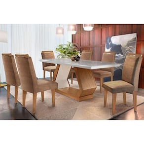 Conjunto: Mesa Sala Jantar Alvorada c/ Tampo Madeirado Canto Reto 180cm + 6 Cadeiras Athenas Imbuia/Chocolate - Rufato