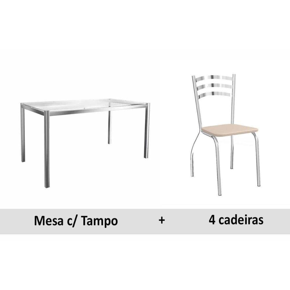 Sala de Jantar Completa Reno c/ Tampo Vidro 150x80cm e 4 Cadeiras Portugal Cromada - Assento Nude 16 - Kappesberg