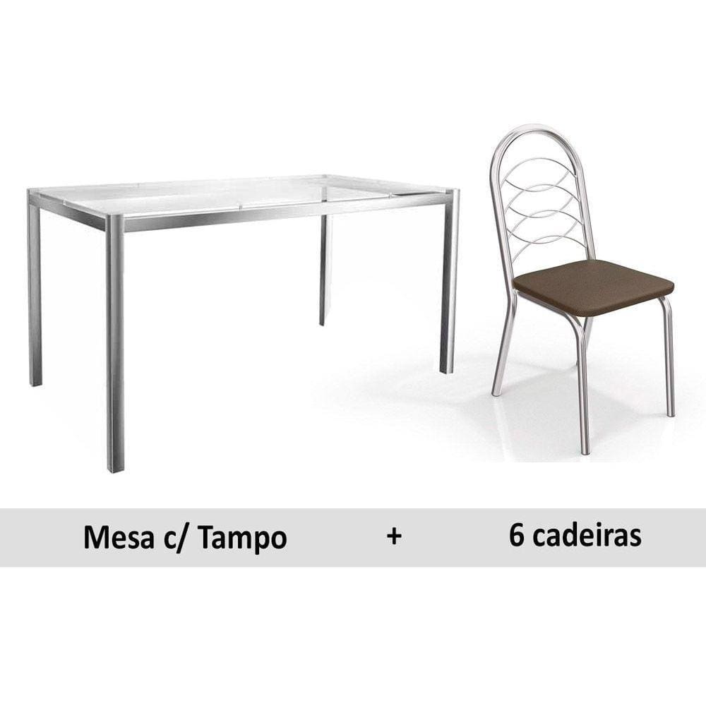 Sala de Jantar Completa Reno c/ Tampo Vidro 150x80cm e 6 Cadeiras Holanda Cromado - Assento Marrom 21 - Kappesberg