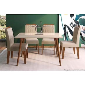 Conjunto: Mesa Sala Jantar Adele Tampo Madeirado c/Vidro 130cm Canto Reto + 4 Cadeiras Paola Madeira/OW/Nude - Cimol