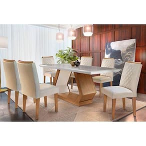 Conjunto: Mesa Sala Jantar Alvorada c/ Tampo Madeirado Canto Reto 180cm + 6 Cadeiras Jade Imbuia/Creme - Rufato
