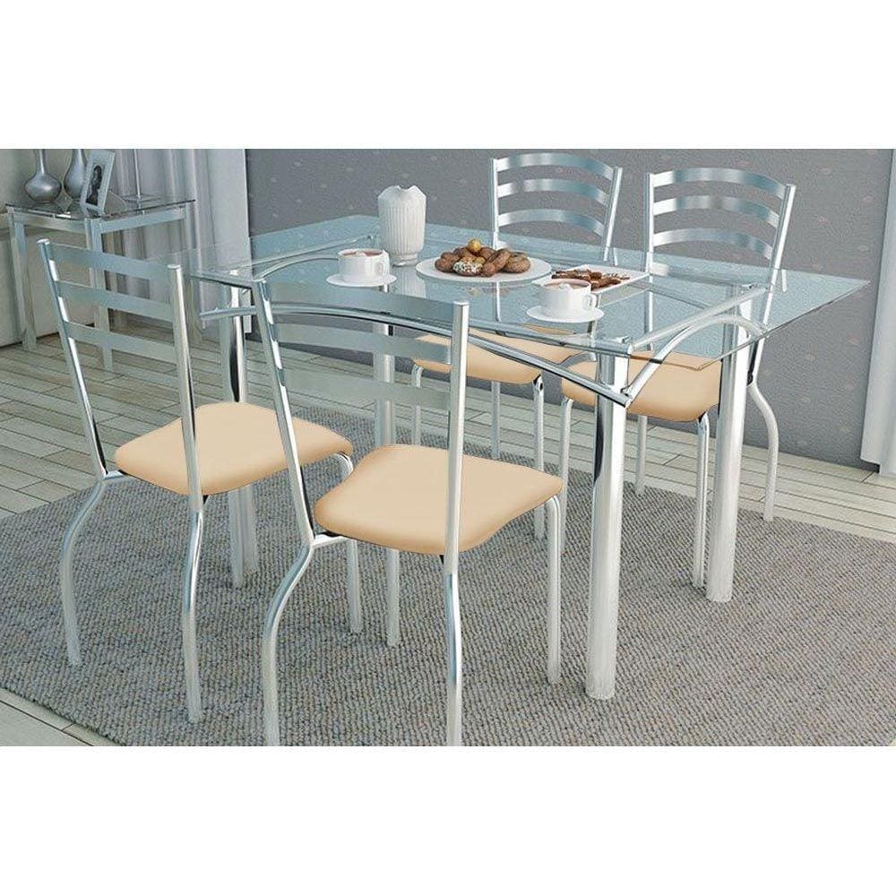 Conjunto: Mesa Sala Jantar Elba c/ Tampo de Vidro 120cm + 4 Cadeiras Portugal Cromado/Courano Nude - Kappesberg