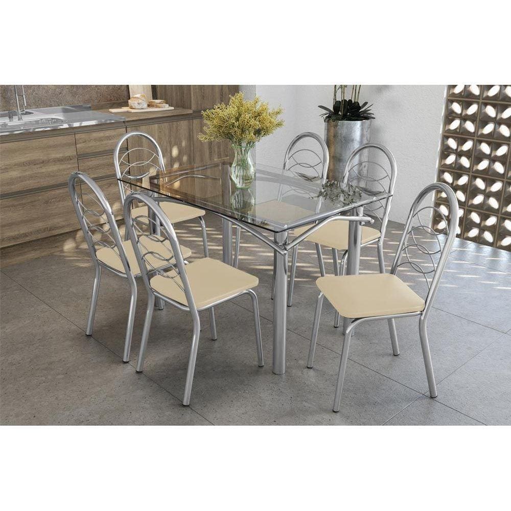 Conjunto: Mesa Sala Jantar Elba c/ Tampo de Vidro 120cm + 6 Cadeiras Holanda Cromado/Courano Nude - Kappesberg
