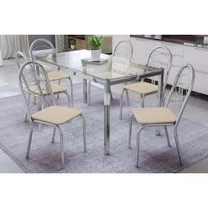 Conjunto: Mesa Sala Jantar Reno c/ Tampo de Vidro 150cm + 6 Cadeiras Holanda Cromado/Courano Nude - Kappesberg