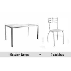 Conjunto: Mesa Sala Jantar Reno c/ Tampo de Vidro 150cm + 4 Cadeiras Portugal Cromado/Courano Branco - Kappesberg