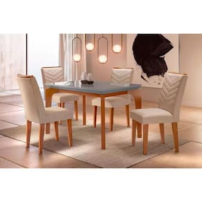 Sala de Jantar Completa Londrina Tampo Madeirado c/ Vidro 120cm + 4 Cadeiras Londrina Imbuia/Bege Turim - Rufato