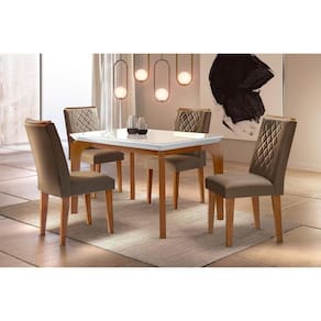 Sala de Jantar Completa Londrina c/ Tampo Madeirado c/ Vidro 120cm + 4 Cadeiras Jade Imbuia/Chocolate Capuccino - Rufato