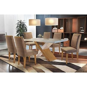 Sala de Jantar Completa Imperatriz c/ Tampo Madeirado c/ Vidro Canto Reto 180cm + 6 Cadeiras Lunara Imbuia/Chocolate Capuccino - Rufato