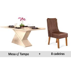 Sala de Jantar Completa Zafira c/ Tampo Madeirado c/ Vidro 200cm + 8 Cadeiras Jade Demolição/Veludo Moca - DJ Móveis