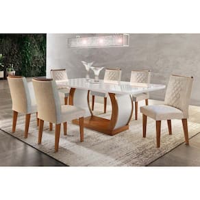 Conjunto: Mesa Sala Jantar Jade Tampo Madeirado c/ Vidro 180cm Canto Reto + 6 Cadeiras Jade Imbuia/Creme - Rufato