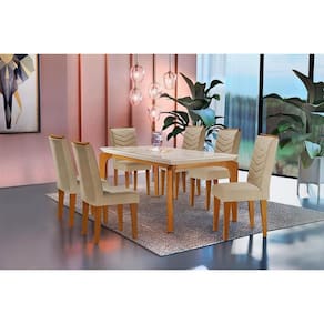 Conjunto: Mesa Sala Jantar Londrina c/ Tampo Madeirado c/ Vidro 180cm + 6 Cadeiras Londrina Imbuia/Linho Turim - Rufato