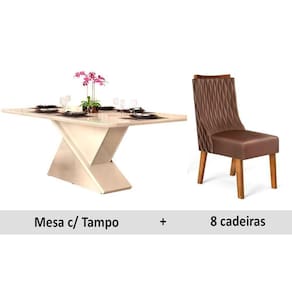Conjunto: Mesa Sala Jantar Zafira c/ Tampo Madeirado c/ Vidro 200cm + 8 Cadeiras Jade Demolição/Moca - DJ Móveis