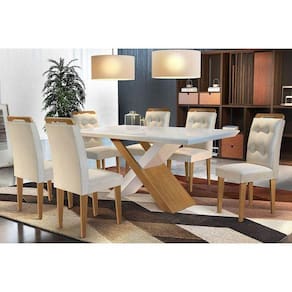 Conjunto: Mesa Sala Jantar Imperatriz Tampo Madeirado 180cm Canto Reto + 6 Cadeiras Imperatriz Imbuia/Creme - Rufato