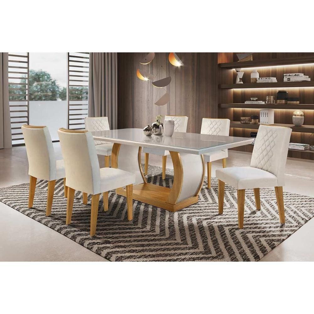 Conjunto: Mesa Sala Jantar Jade c/ Tampo Madeirado c/ Vidro Canto Curvo 180cm + 6 Cadeiras Jade Imbuia/Veludo Creme - Rufato