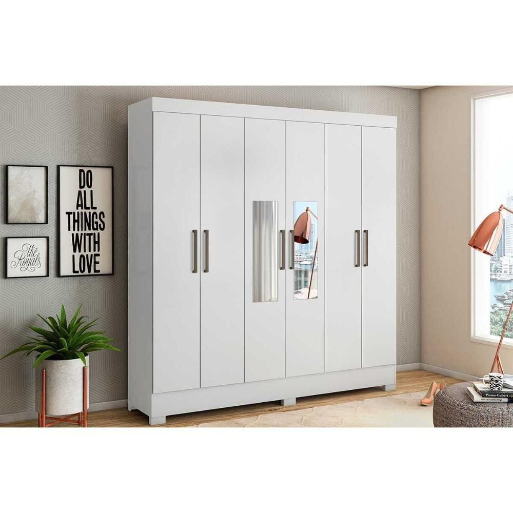 Guarda Roupa 6 Portas e 3 Gavetas c/ Espelho Prático Branco - Demóbile
