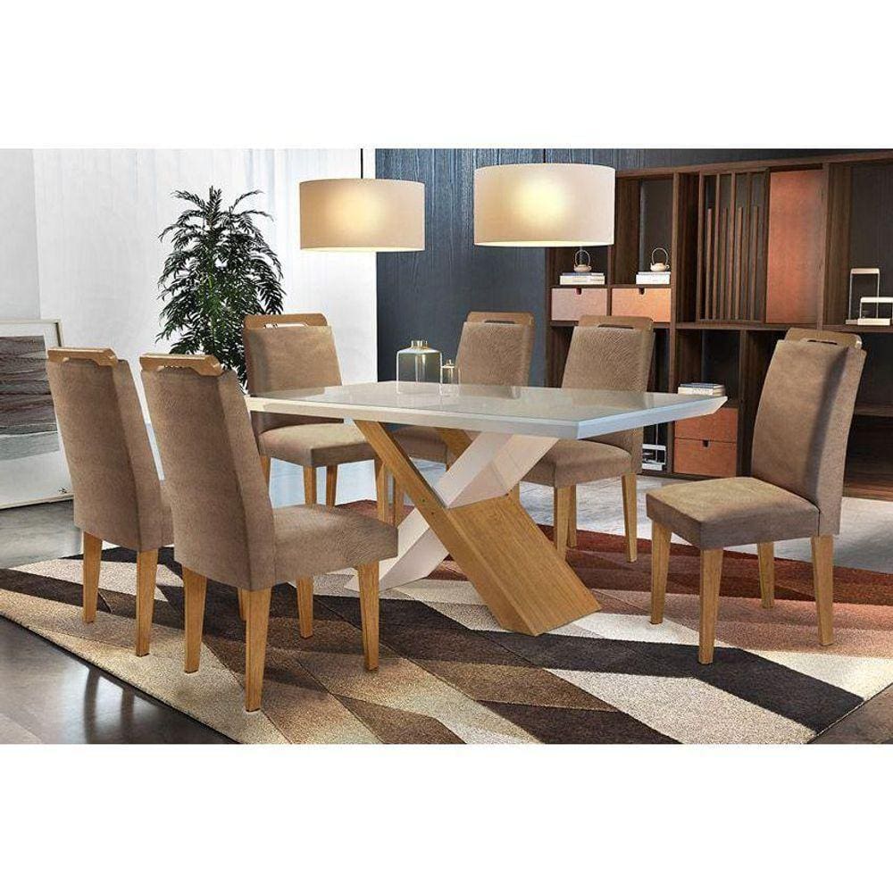 Sala de Jantar Completa Imperatriz c/ Tampo Madeirado c/ Vidro Canto Reto 180cm + 6 Cadeiras Athenas Imbuia/Chocolate Capuccino - Rufato