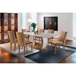 Conjunto: Mesa Sala Jantar Jade c/ Tampo Madeirado c/ Vidro Canto Reto 180cm + 6 Cadeiras Jade Imbuia/OW/Chocolate - Rufato